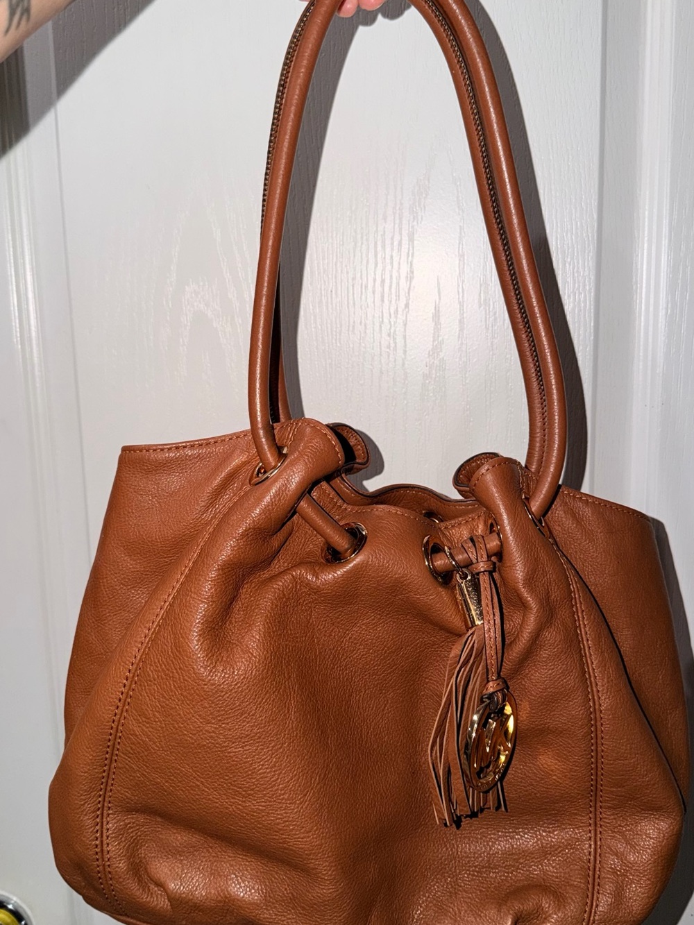 Women's Tan Leather Shoulder Bag with Tassel Charm